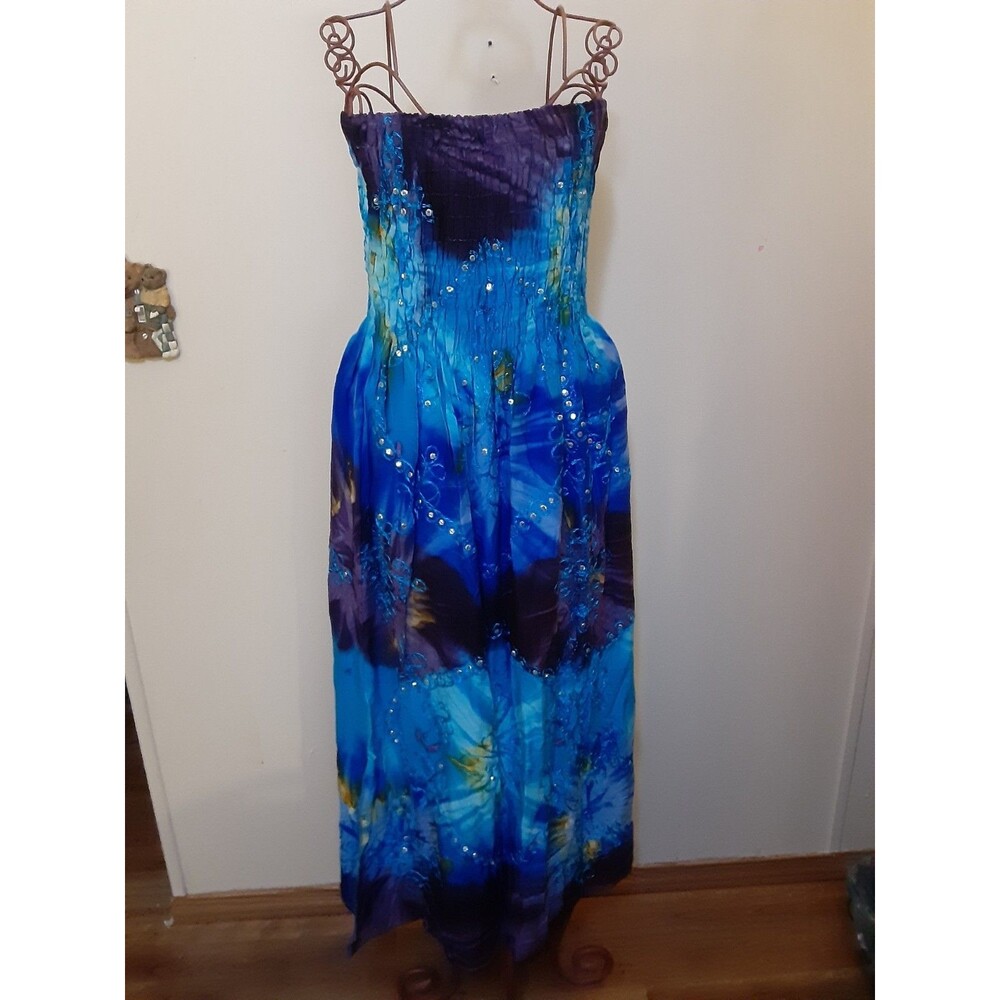 Y2K Sequin Mexican Cruise dress blue tiedye fairy mermaid maxi smocked strapless
